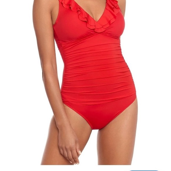 Women’s Red One Piece Swimsuit Beach Club Solids Ruffles V-Neck Slimming NEW 8 - Picture 1 of 15